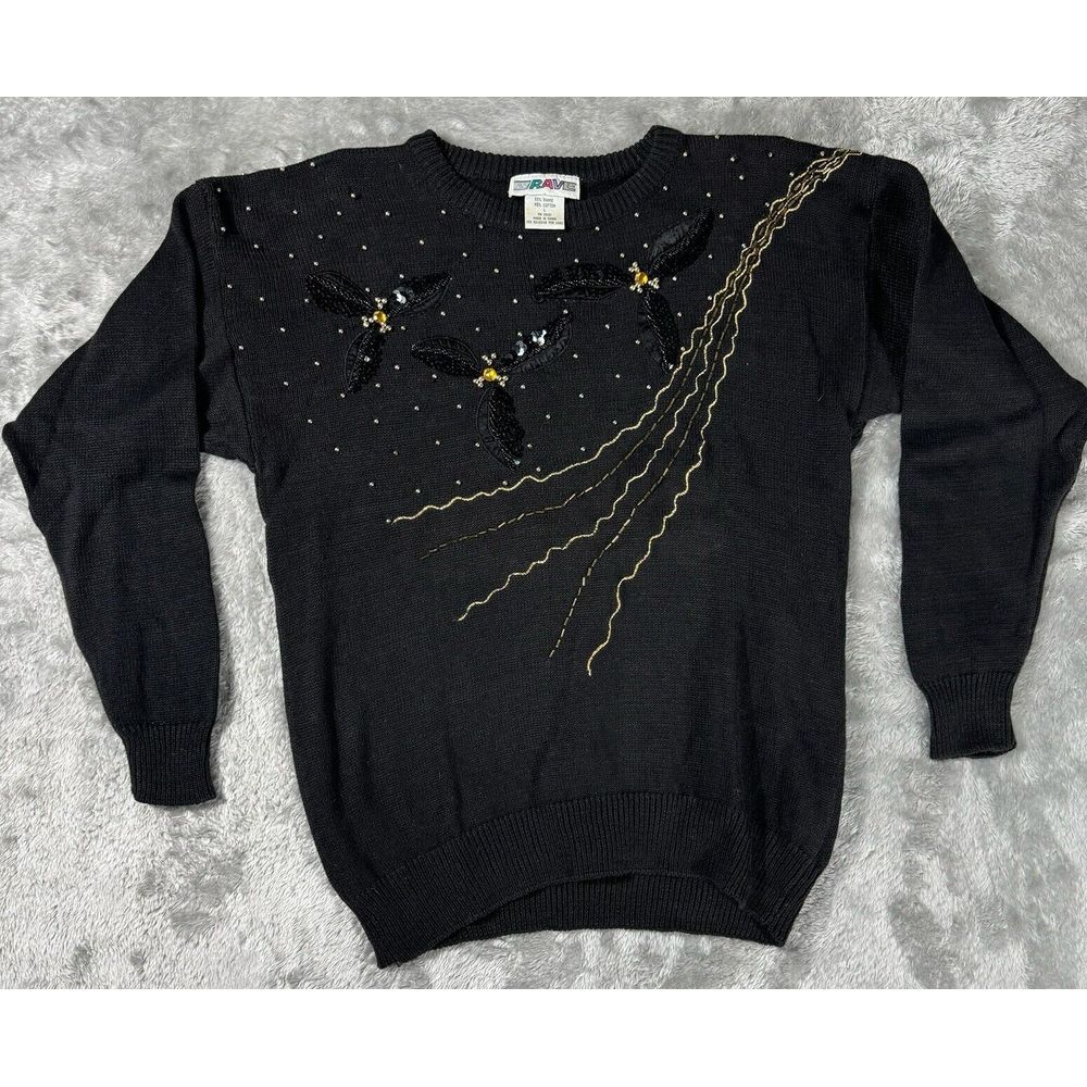 Vintage RAVE Sweater Womens L Black Y2K Sequins Tassels Gold 90s Witchy Goth